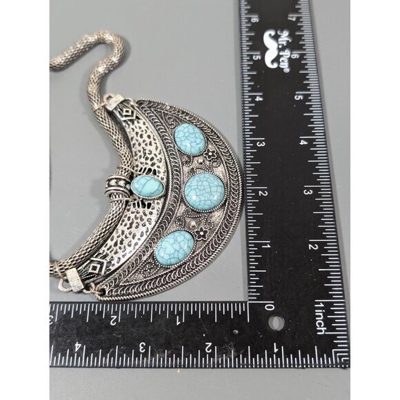 Western Tribal Faux Turquoise Curved Bar Bib Necklace Statement 20" - Picture 7 of 7